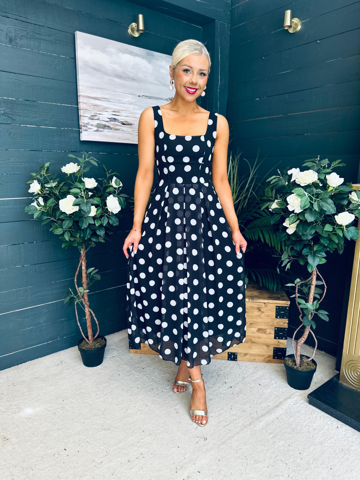 Tracey Detailed Midi Dress Polka Black