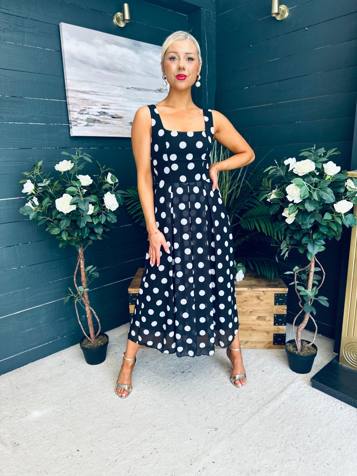 Tracey Detailed Midi Dress Polka Black