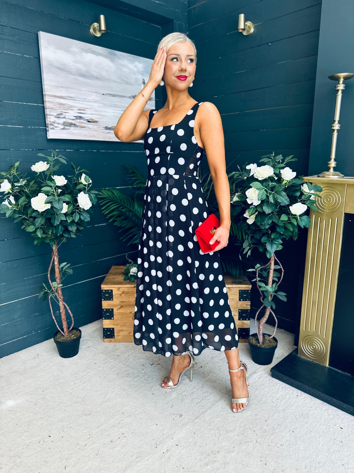 Tracey Detailed Midi Dress Polka Black