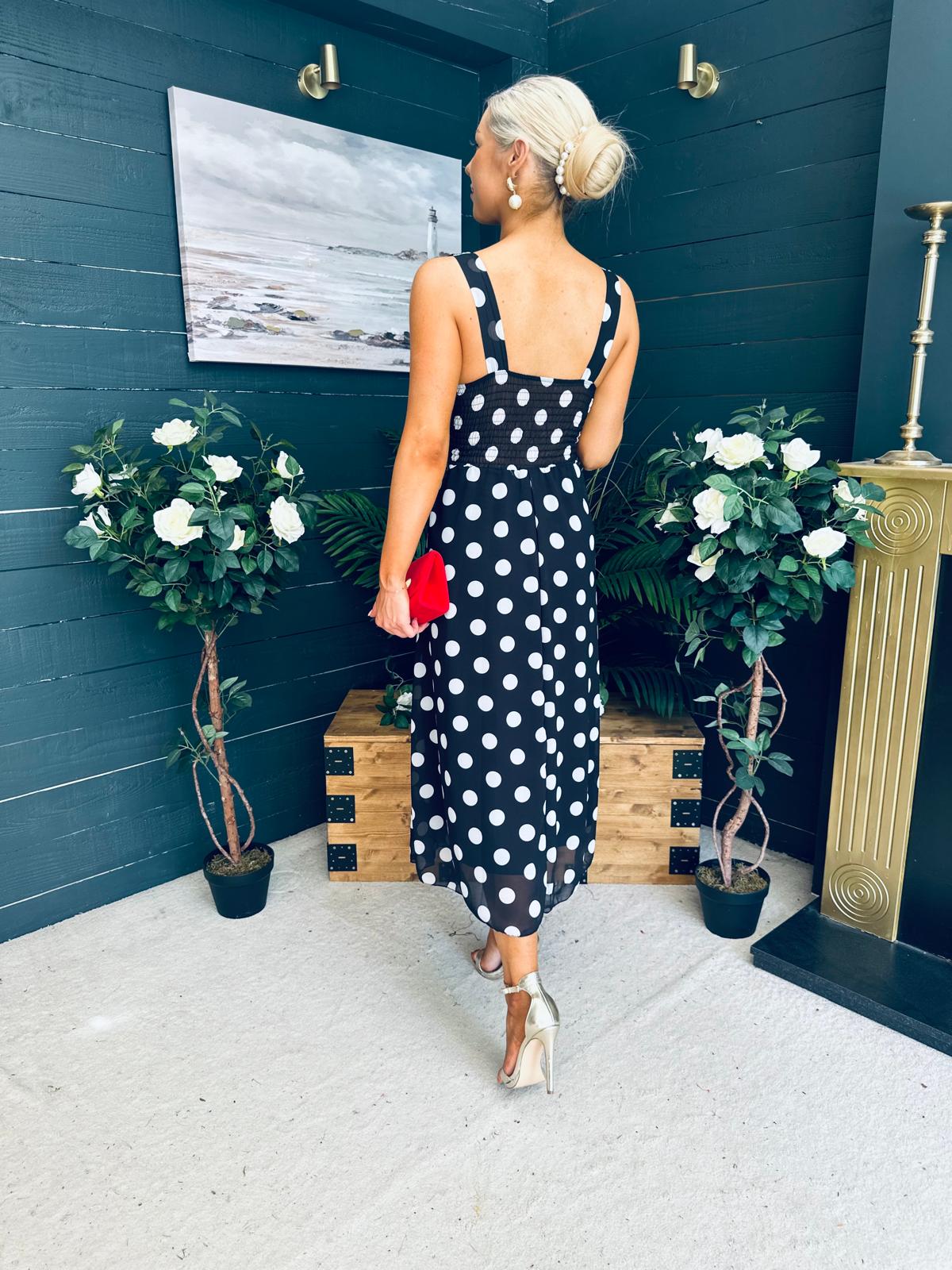 Tracey Detailed Midi Dress Polka Black