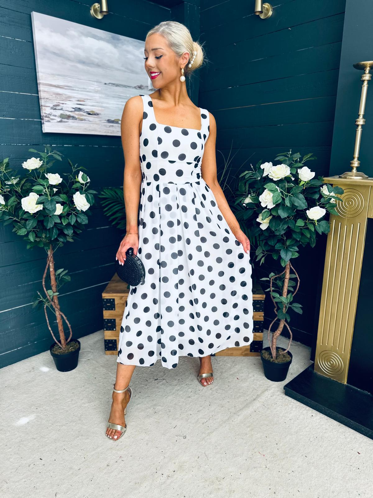Tracey Detailed Midi Dress Polka Black / White