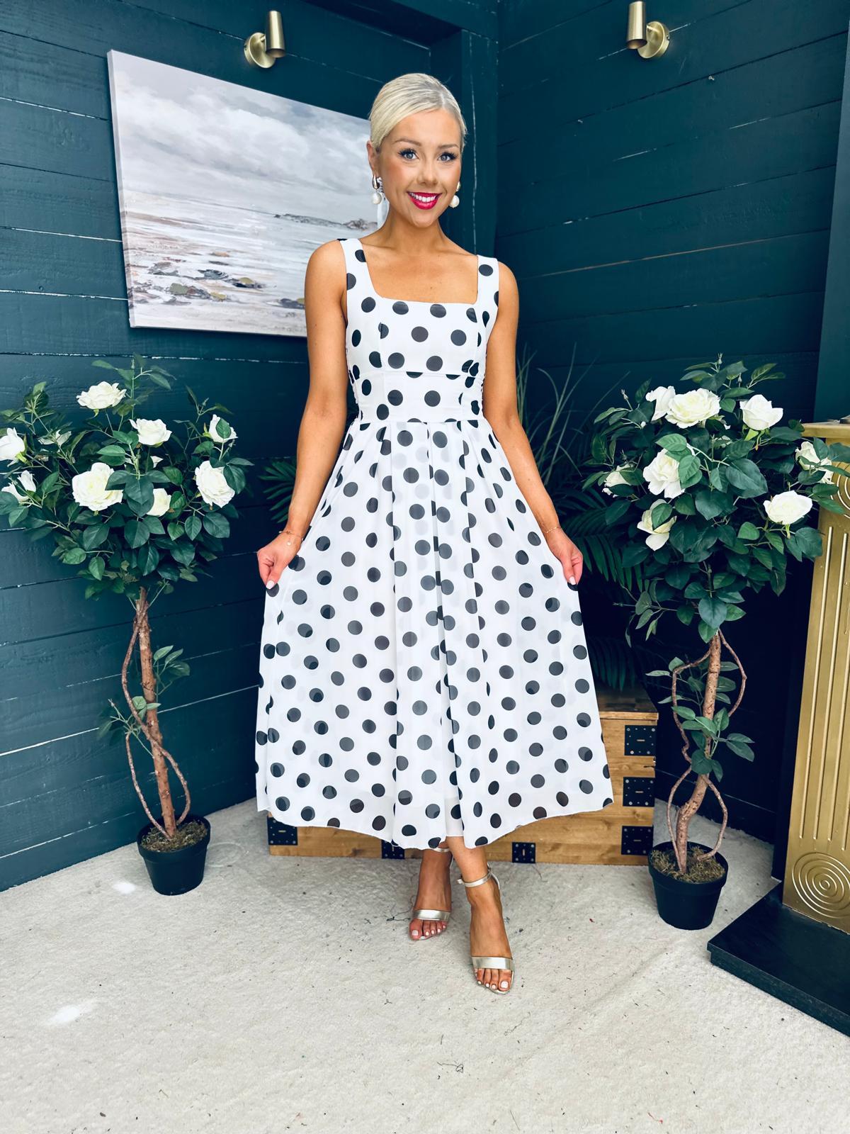 Tracey Detailed Midi Dress Polka Black / White