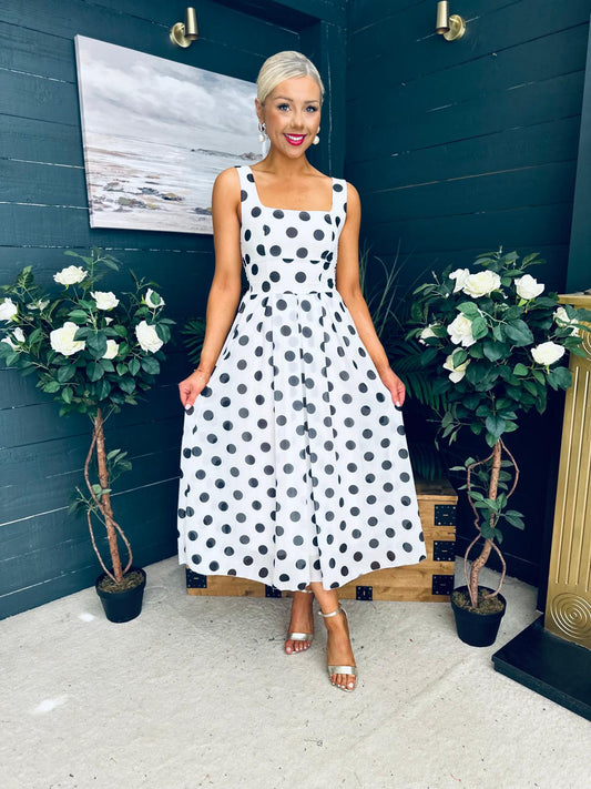 Tracey Detailed Midi Dress Polka Black / White