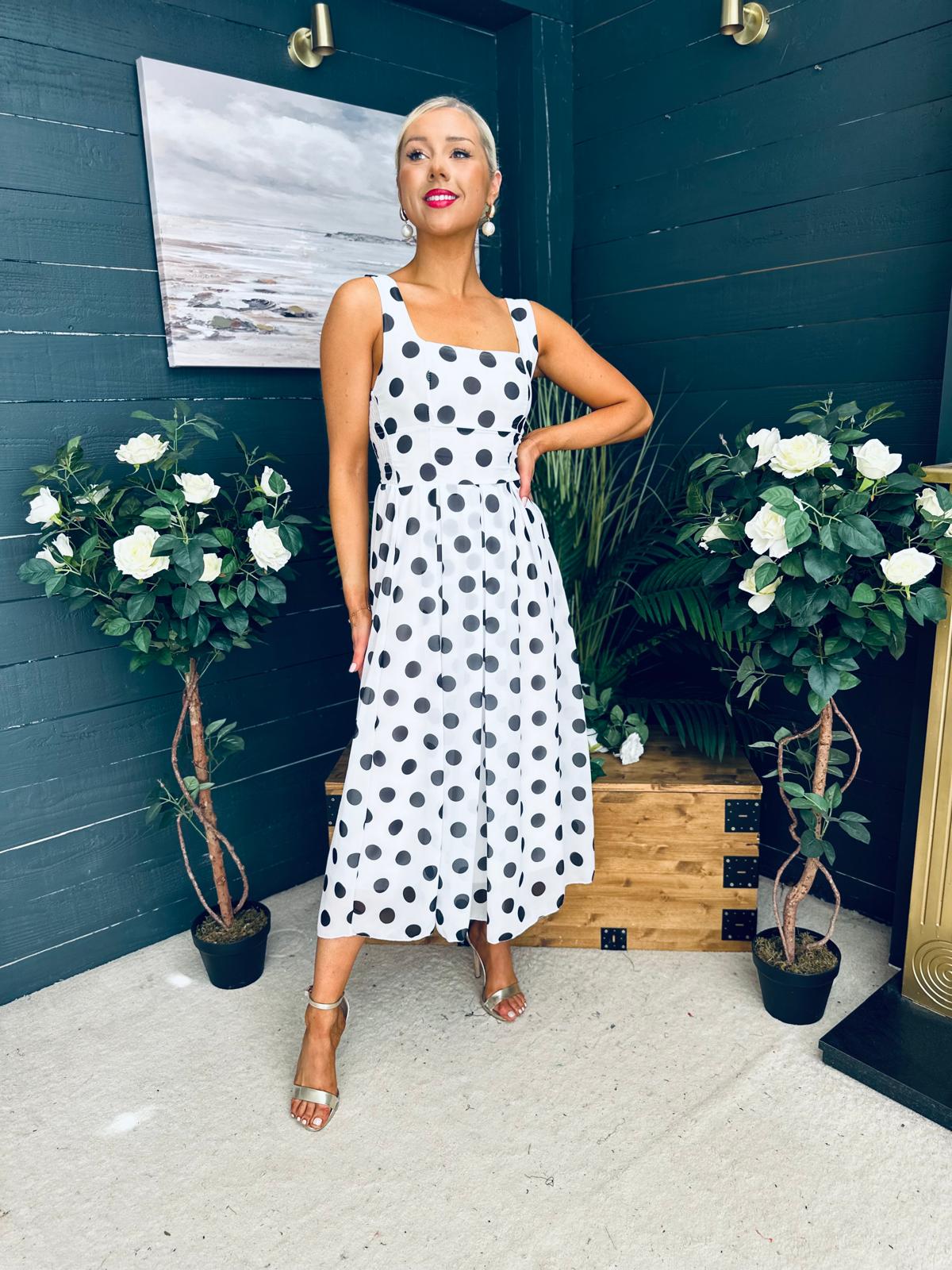 Tracey Detailed Midi Dress Polka Black / White