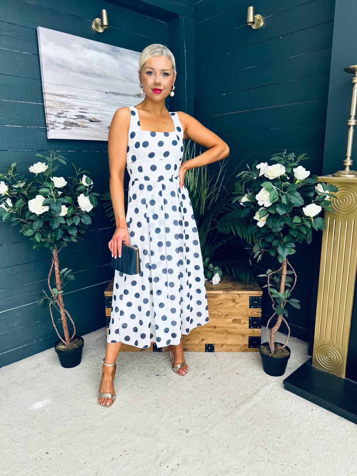 Tracey Detailed Midi Dress Polka Navy / White