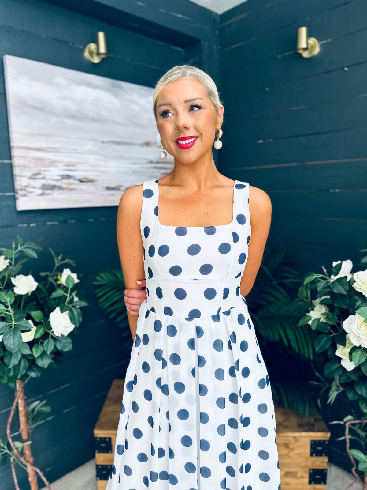 Tracey Detailed Midi Dress Polka Navy / White