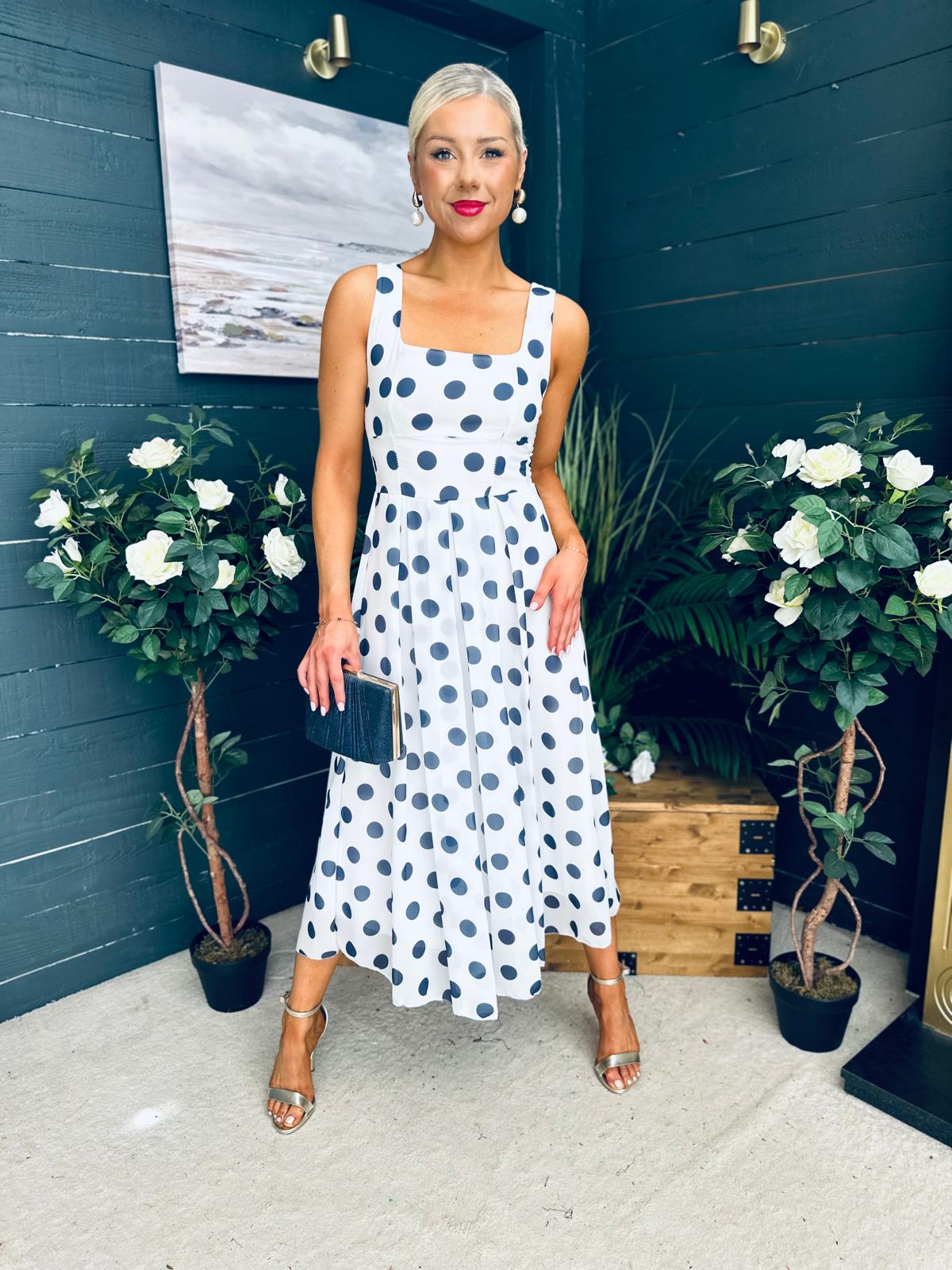 Tracey Detailed Midi Dress Polka Navy / White