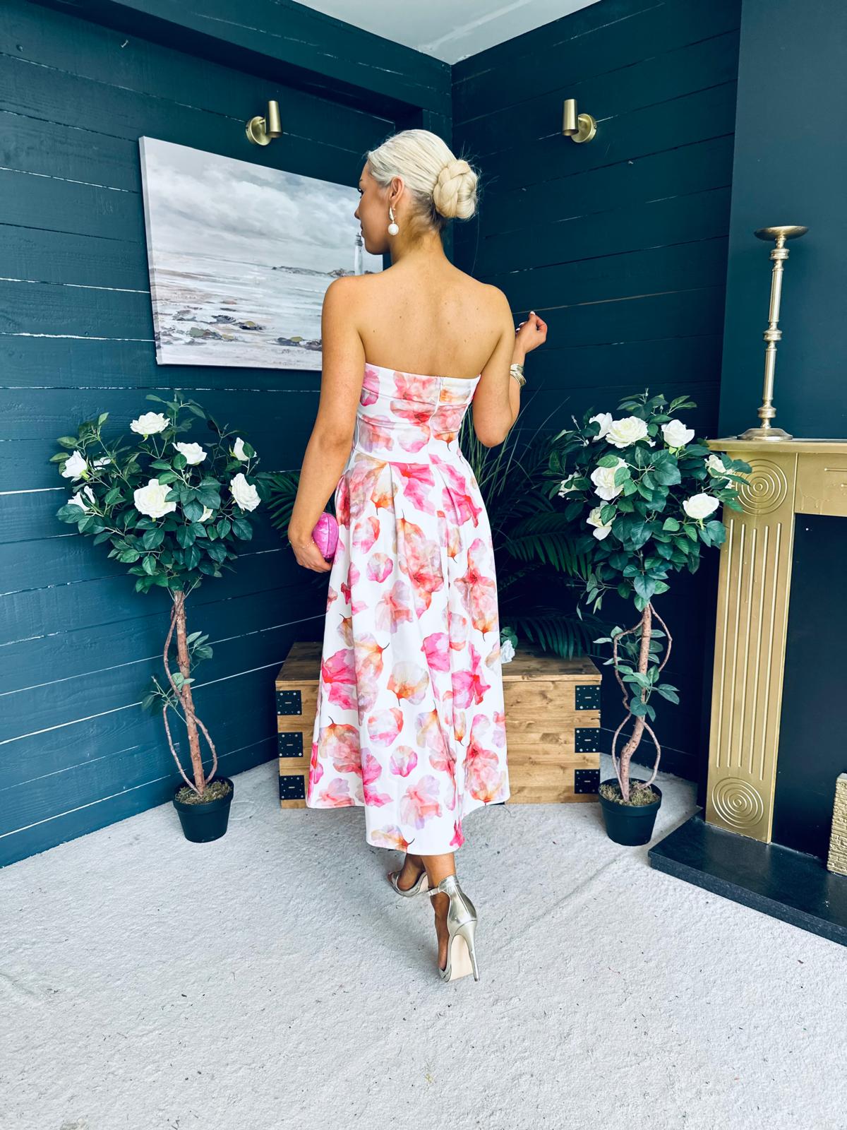 Danni Strapless Bandeau Midi Dress Yellow w Pink