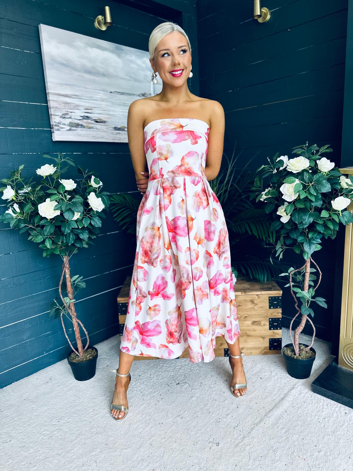 Danni Strapless Bandeau Midi Dress Yellow w Pink
