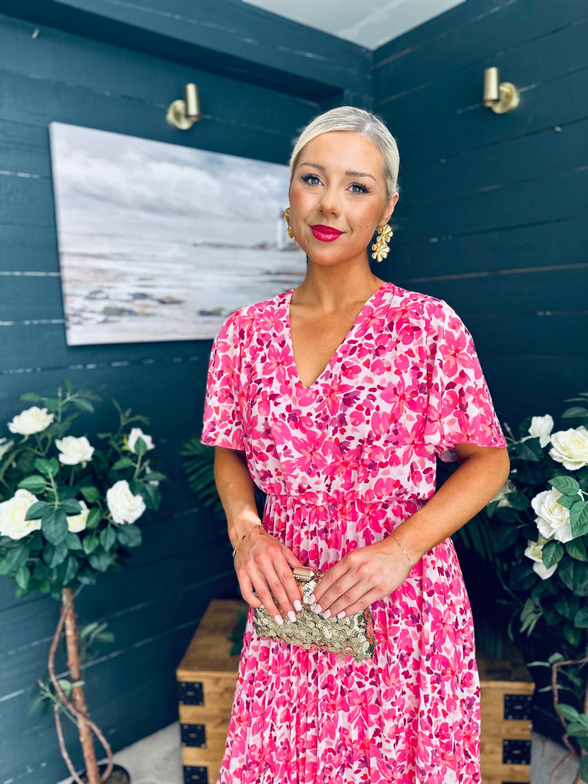 Paige Pleated Midi Dress Floral Fuchsia