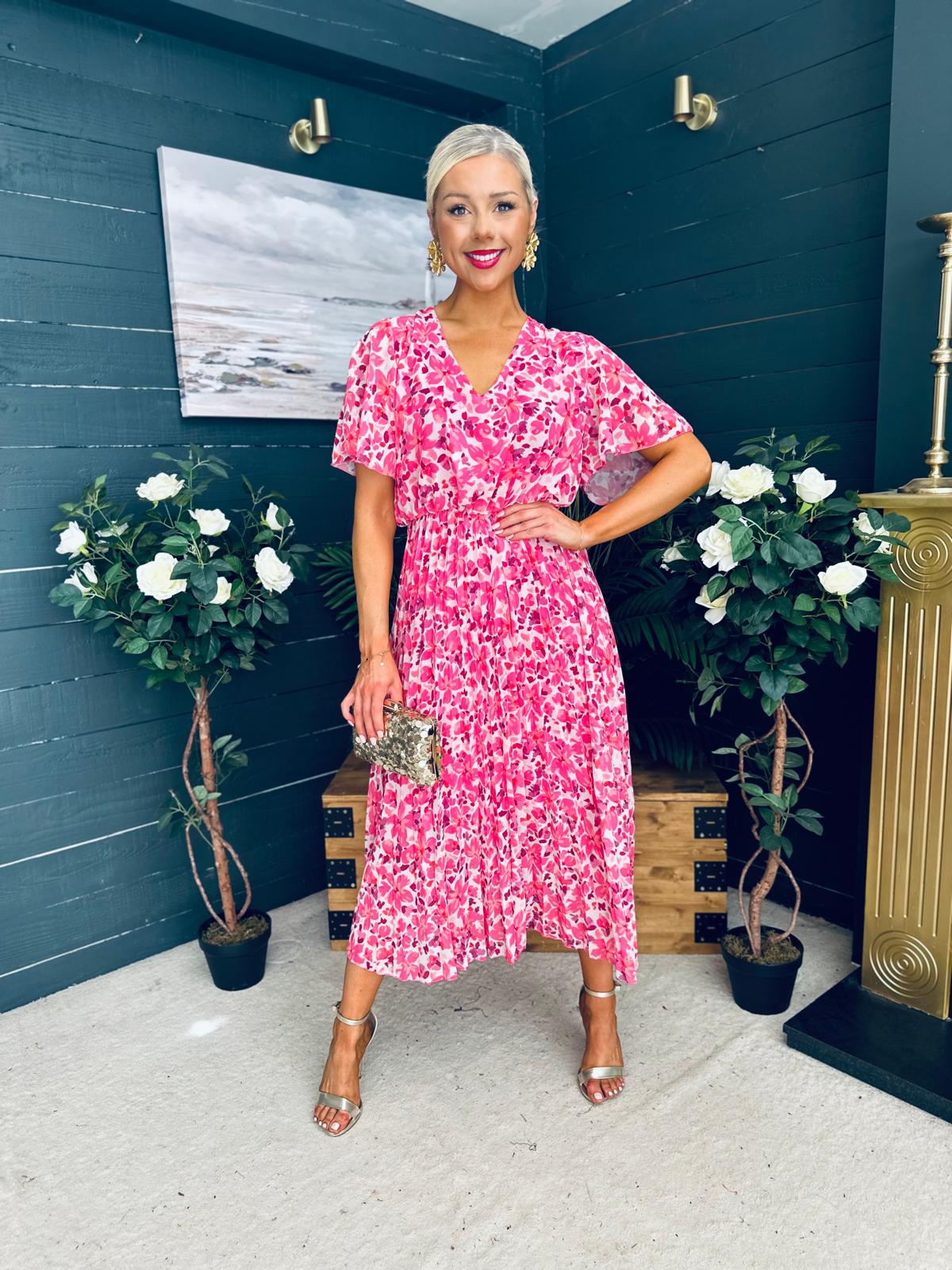 Paige Pleated Midi Dress Floral Fuchsia