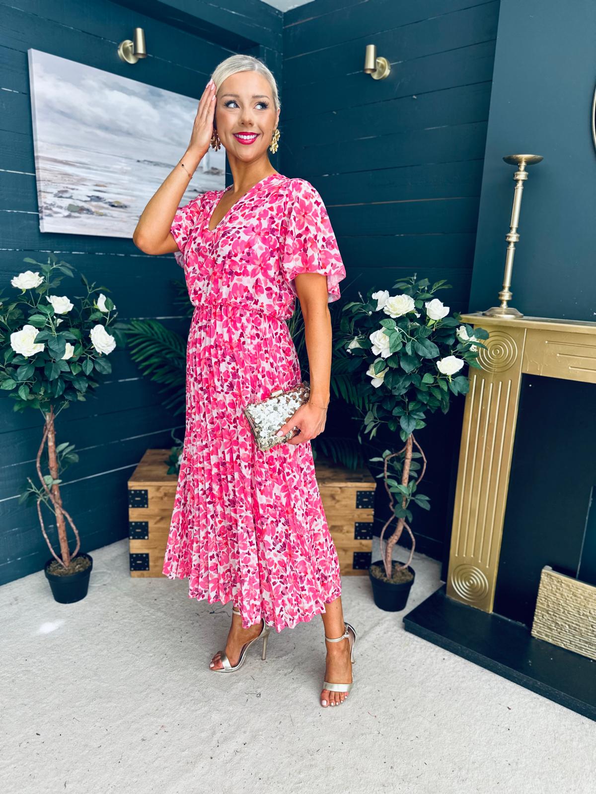 Paige Pleated Midi Dress Floral Fuchsia