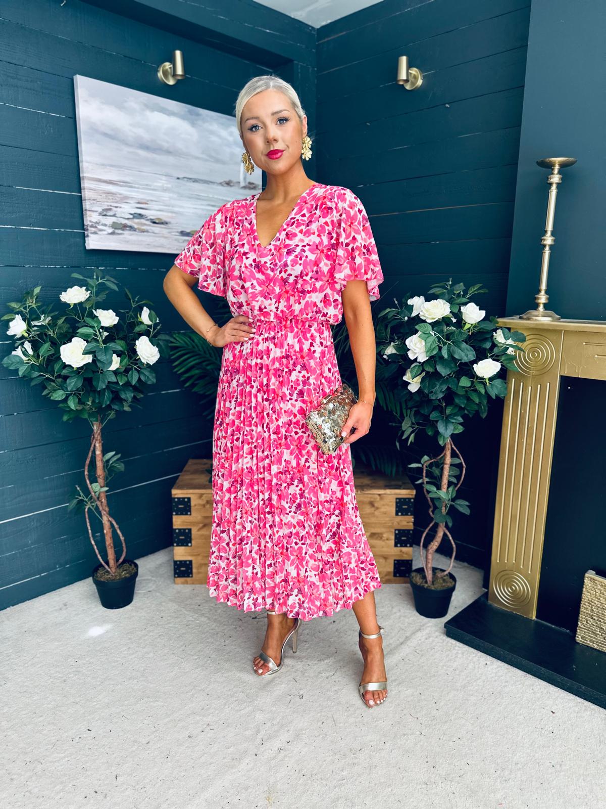 Paige Pleated Midi Dress Floral Fuchsia