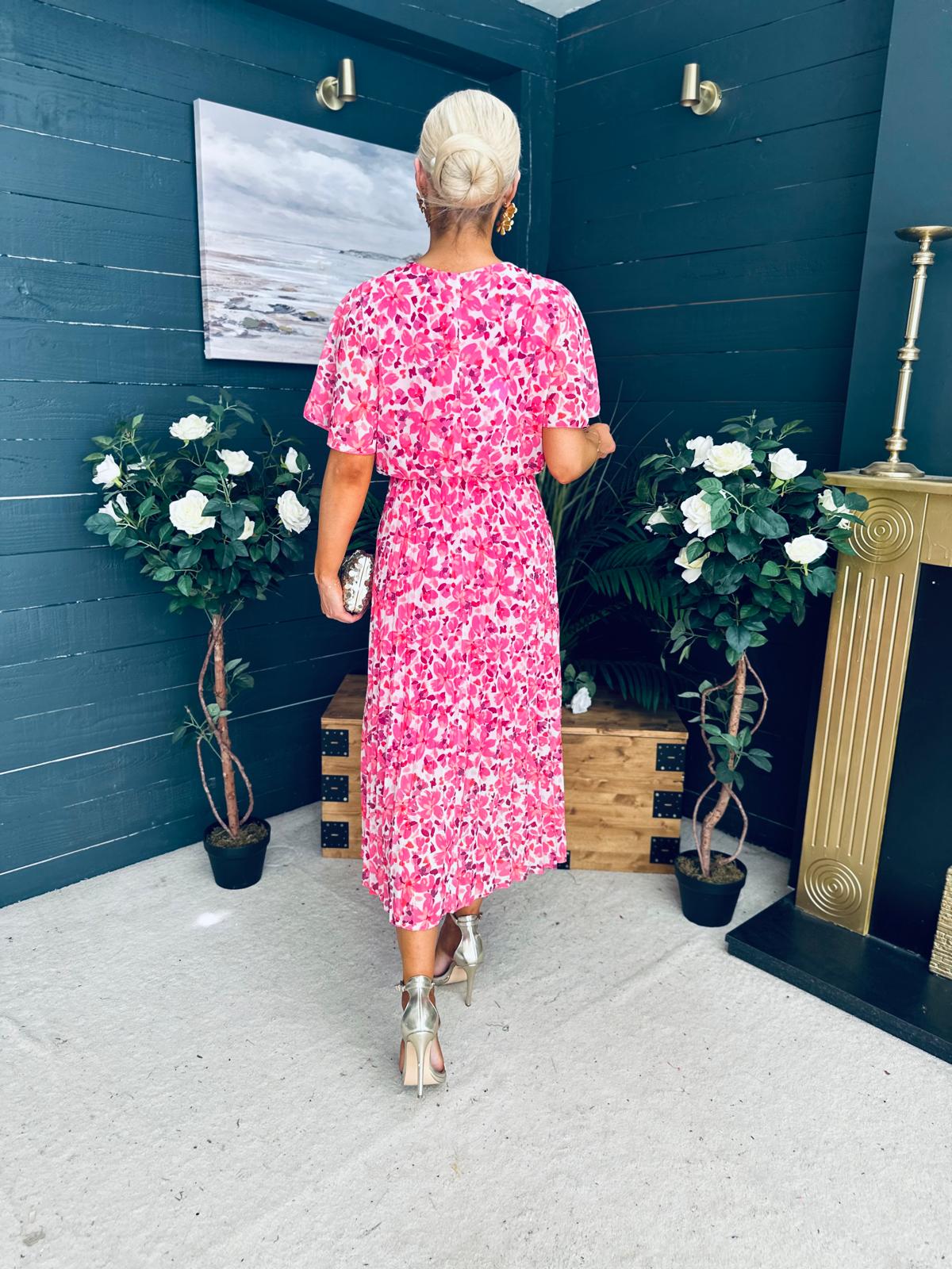 Paige Pleated Midi Dress Floral Fuchsia