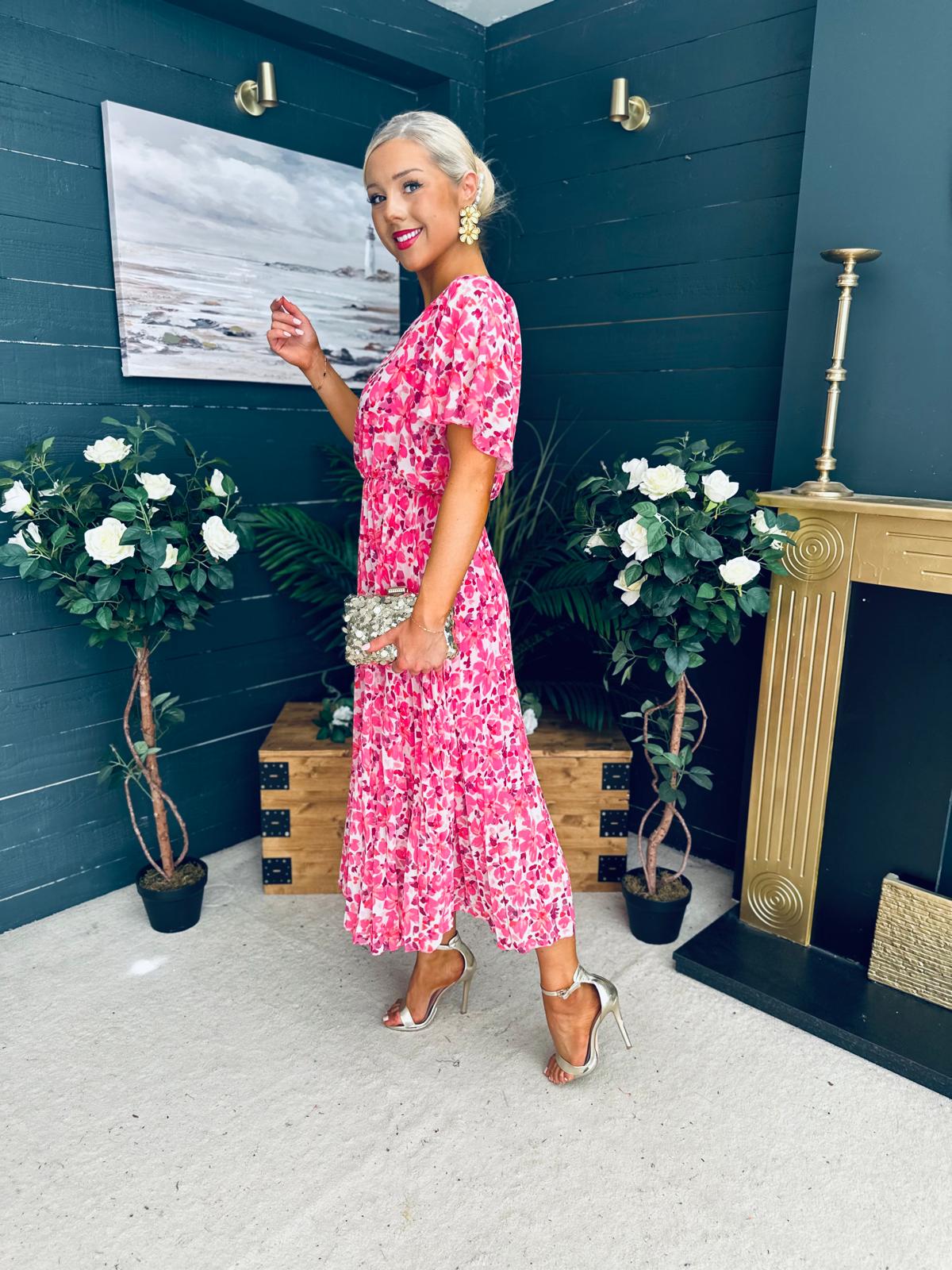 Paige Pleated Midi Dress Floral Fuchsia