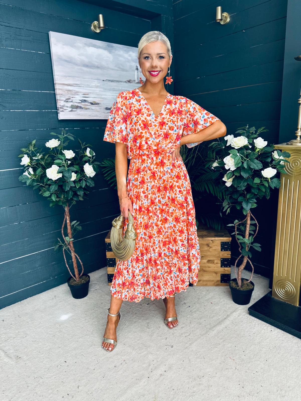 Paige Pleated Midi Dress Floral Amber
