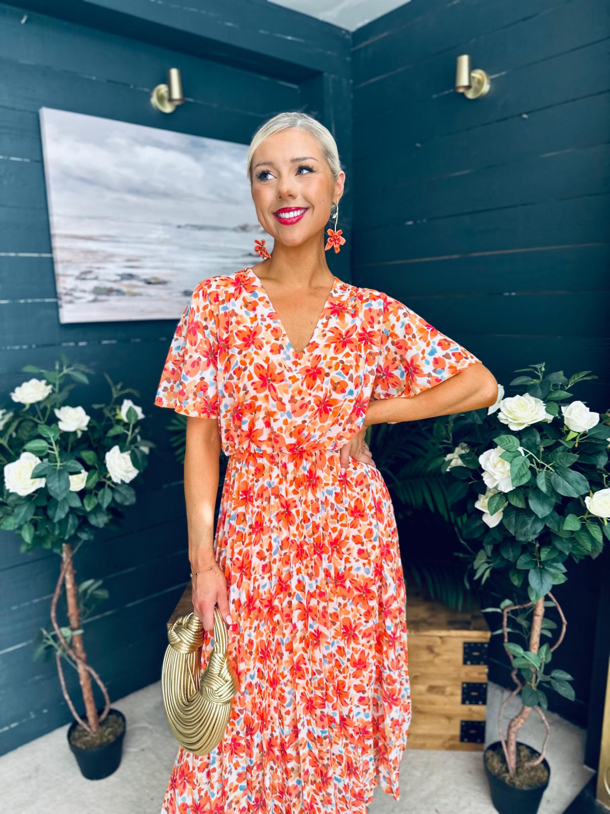 Paige Pleated Midi Dress Floral Amber