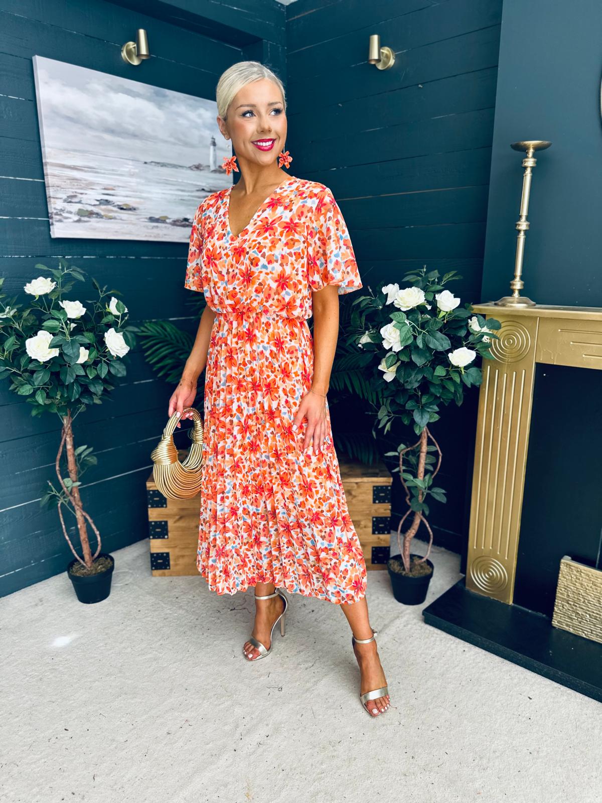 Paige Pleated Midi Dress Floral Amber
