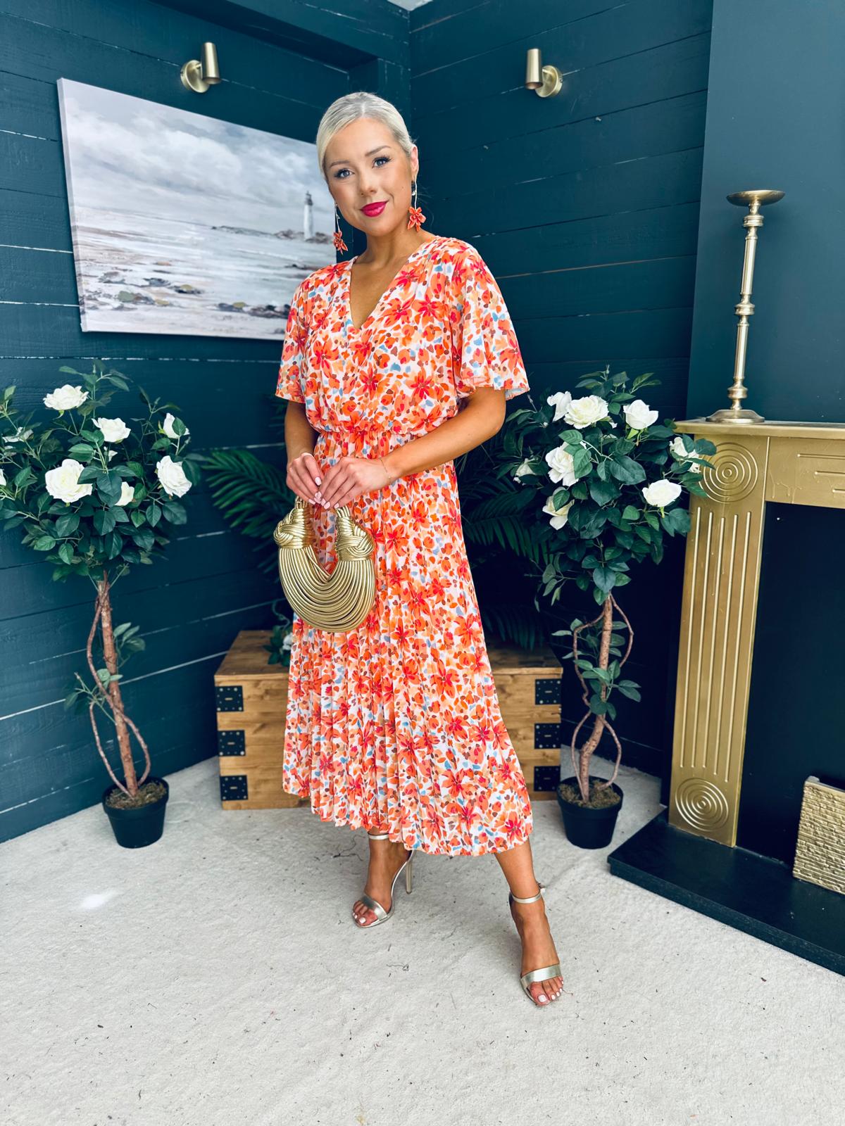 Paige Pleated Midi Dress Floral Amber