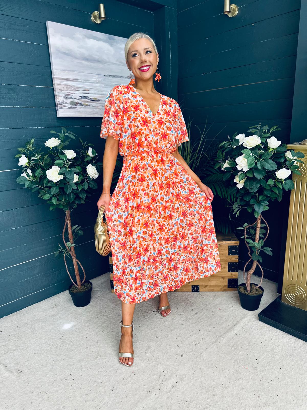 Paige Pleated Midi Dress Floral Amber