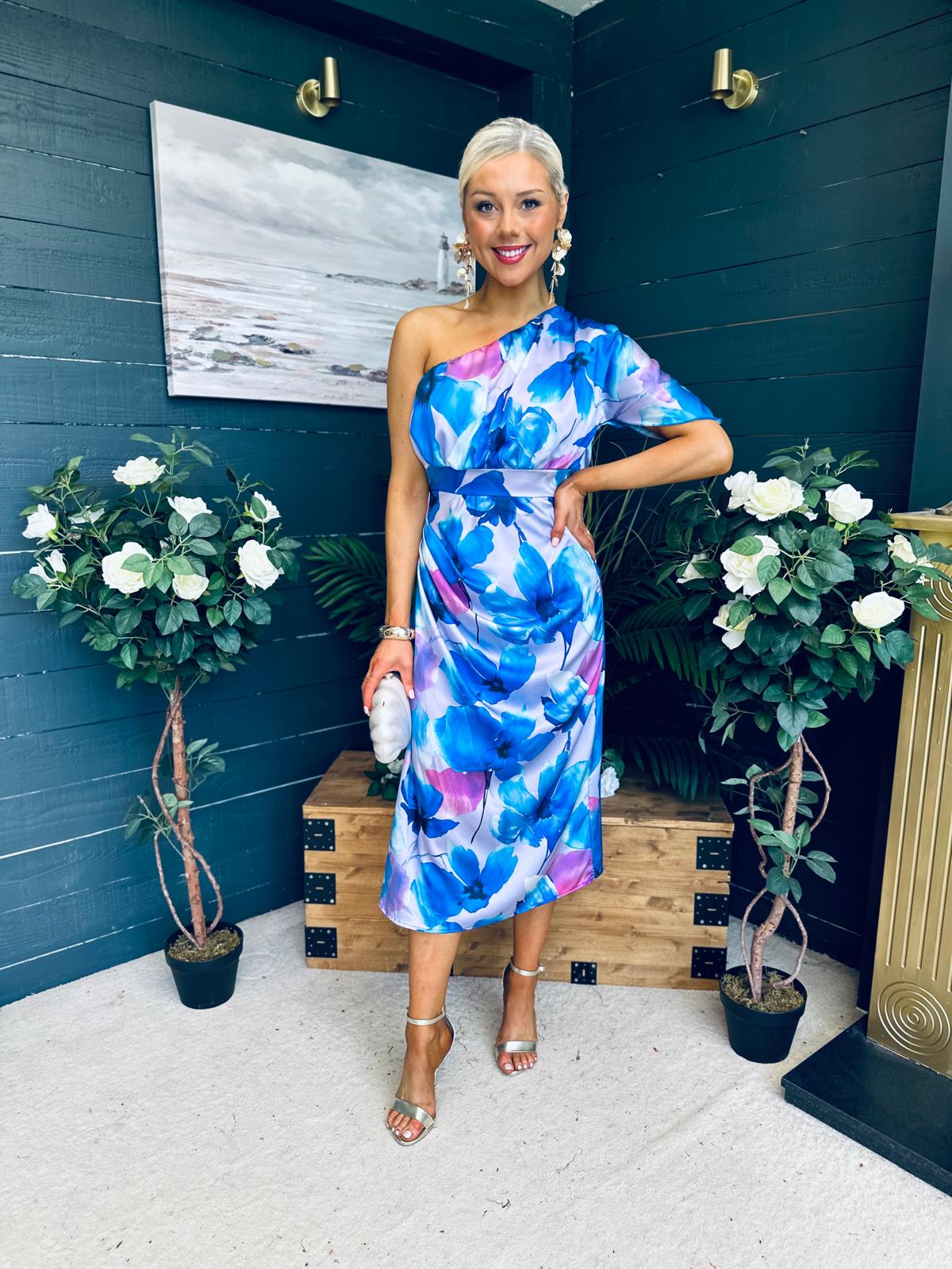 Emer One Shoulder Midi Dress Blue