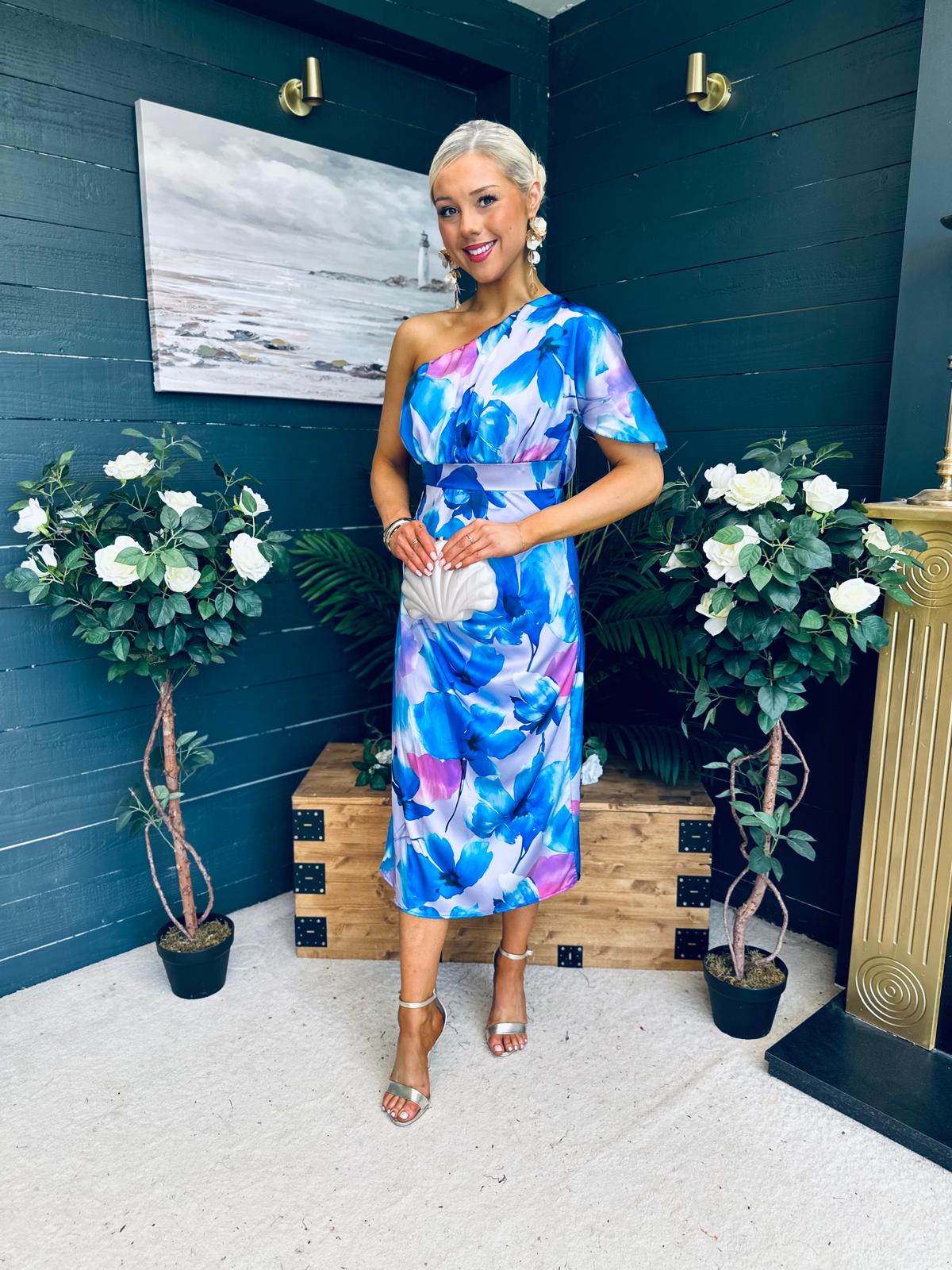 Emer One Shoulder Midi Dress Blue