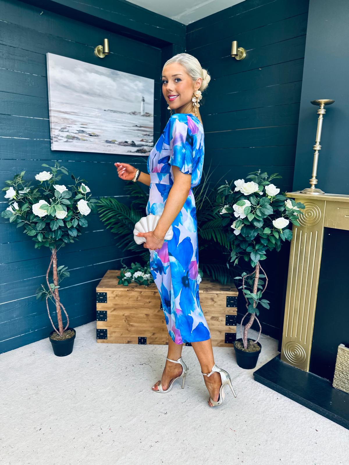 Emer One Shoulder Midi Dress Blue