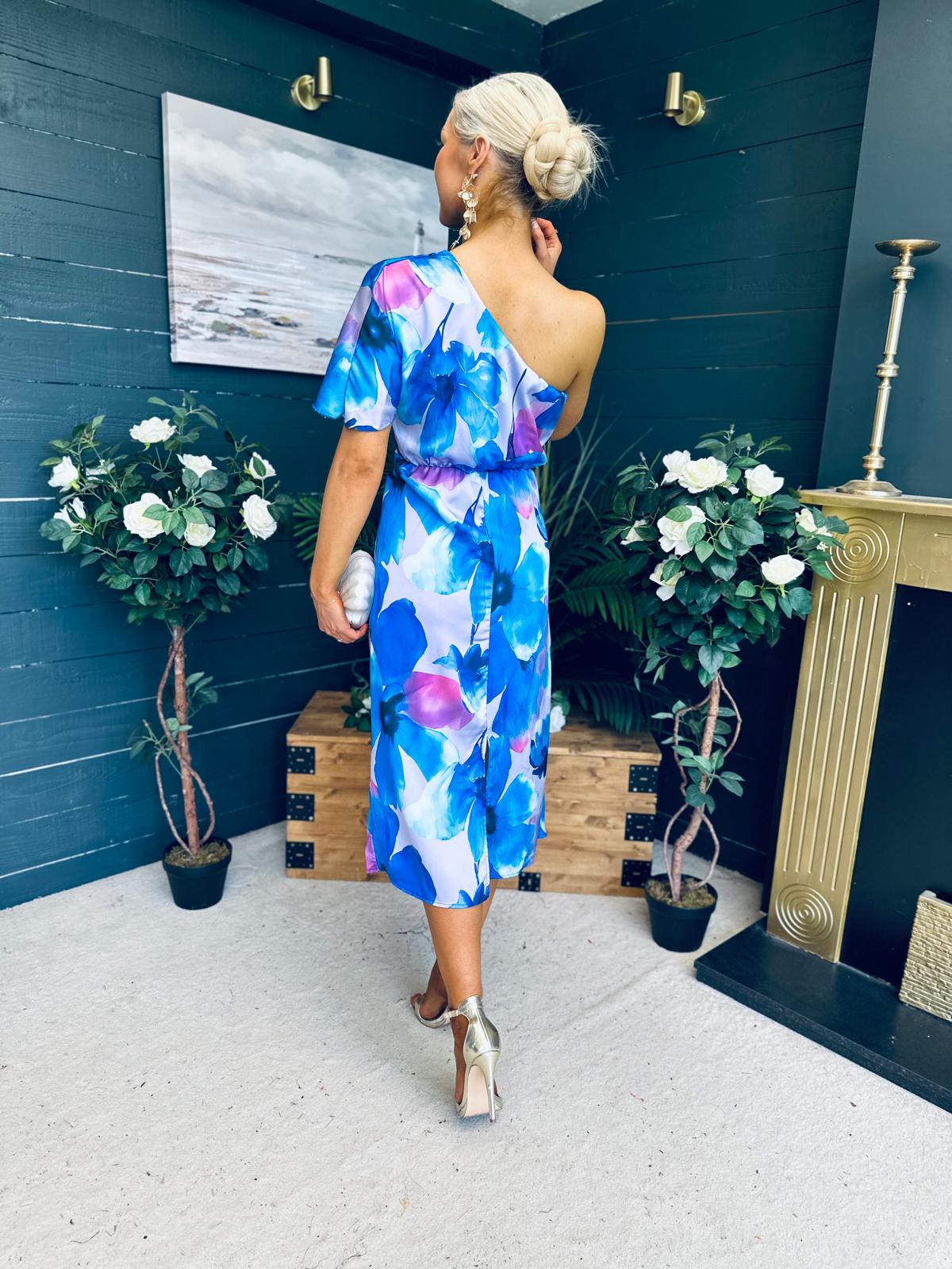 Emer One Shoulder Midi Dress Blue
