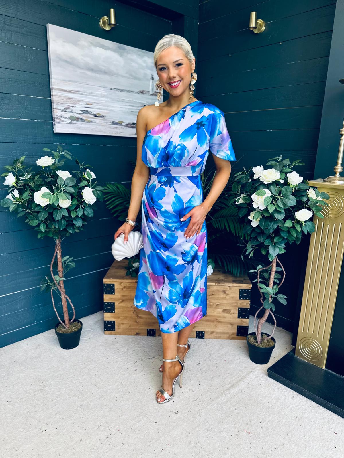 Emer One Shoulder Midi Dress Blue