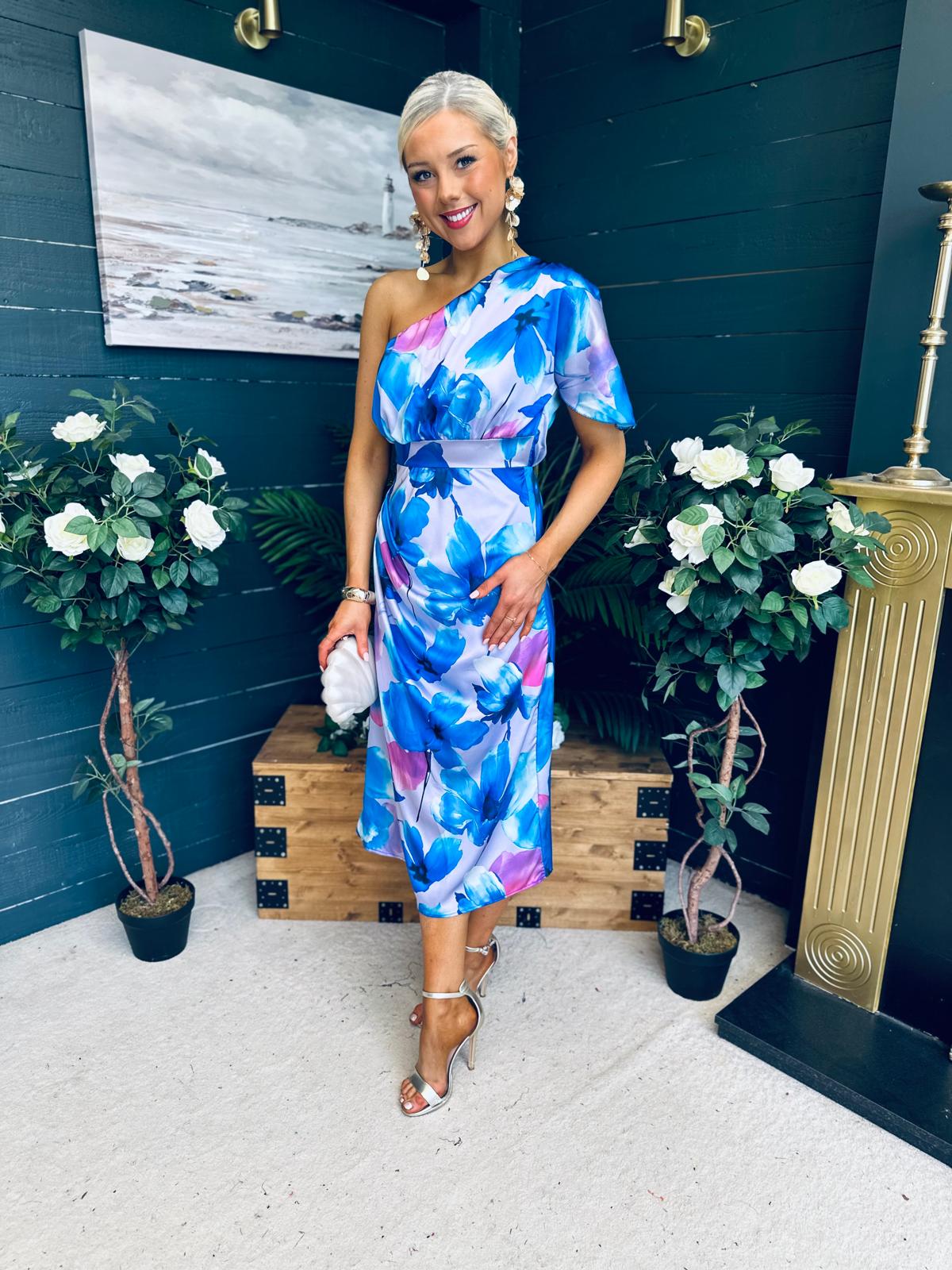 Emer One Shoulder Midi Dress Blue