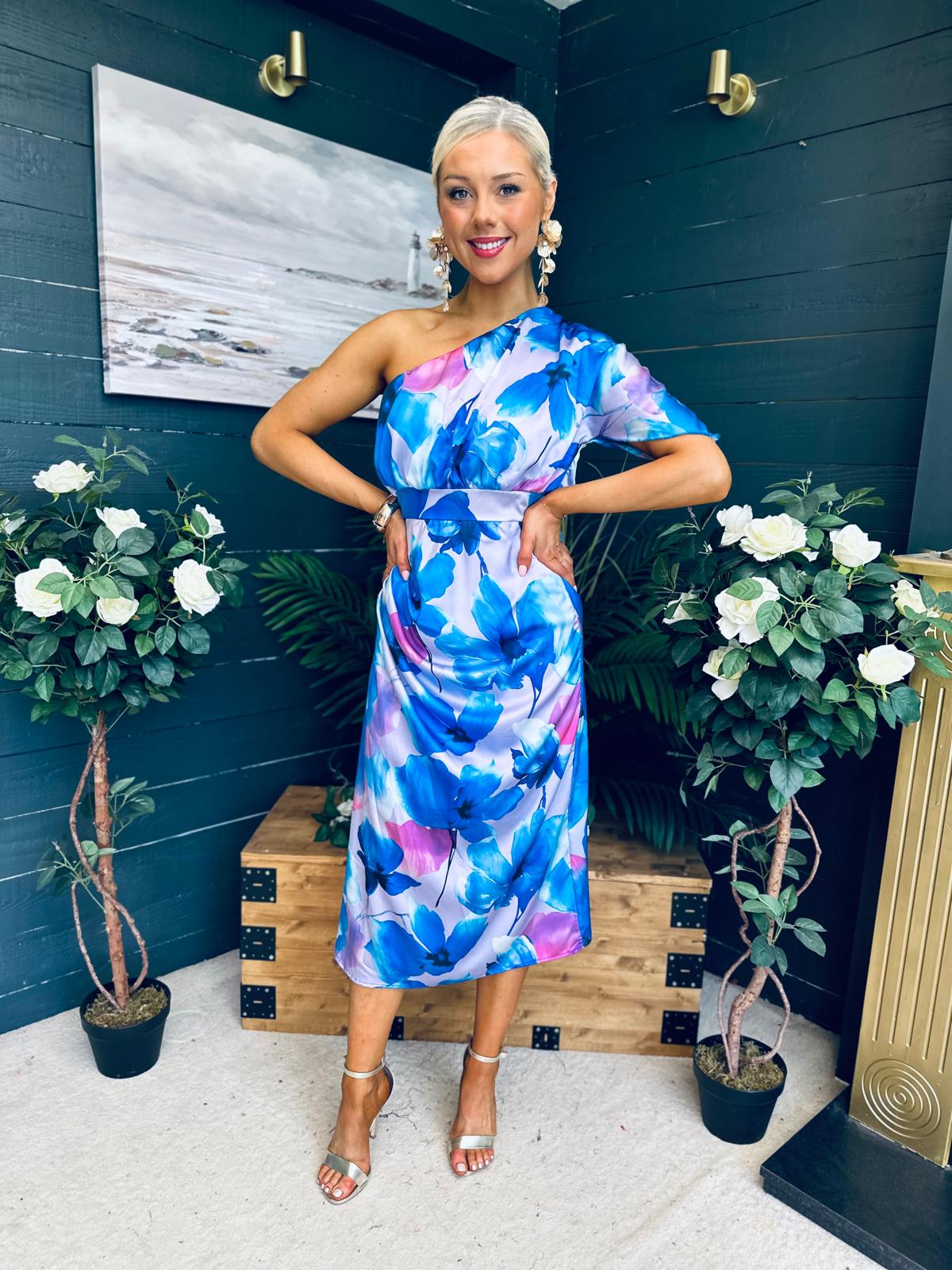 Emer One Shoulder Midi Dress Blue