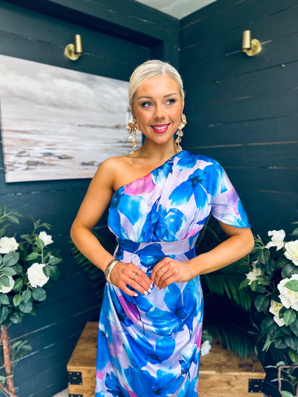 Emer One Shoulder Midi Dress Blue