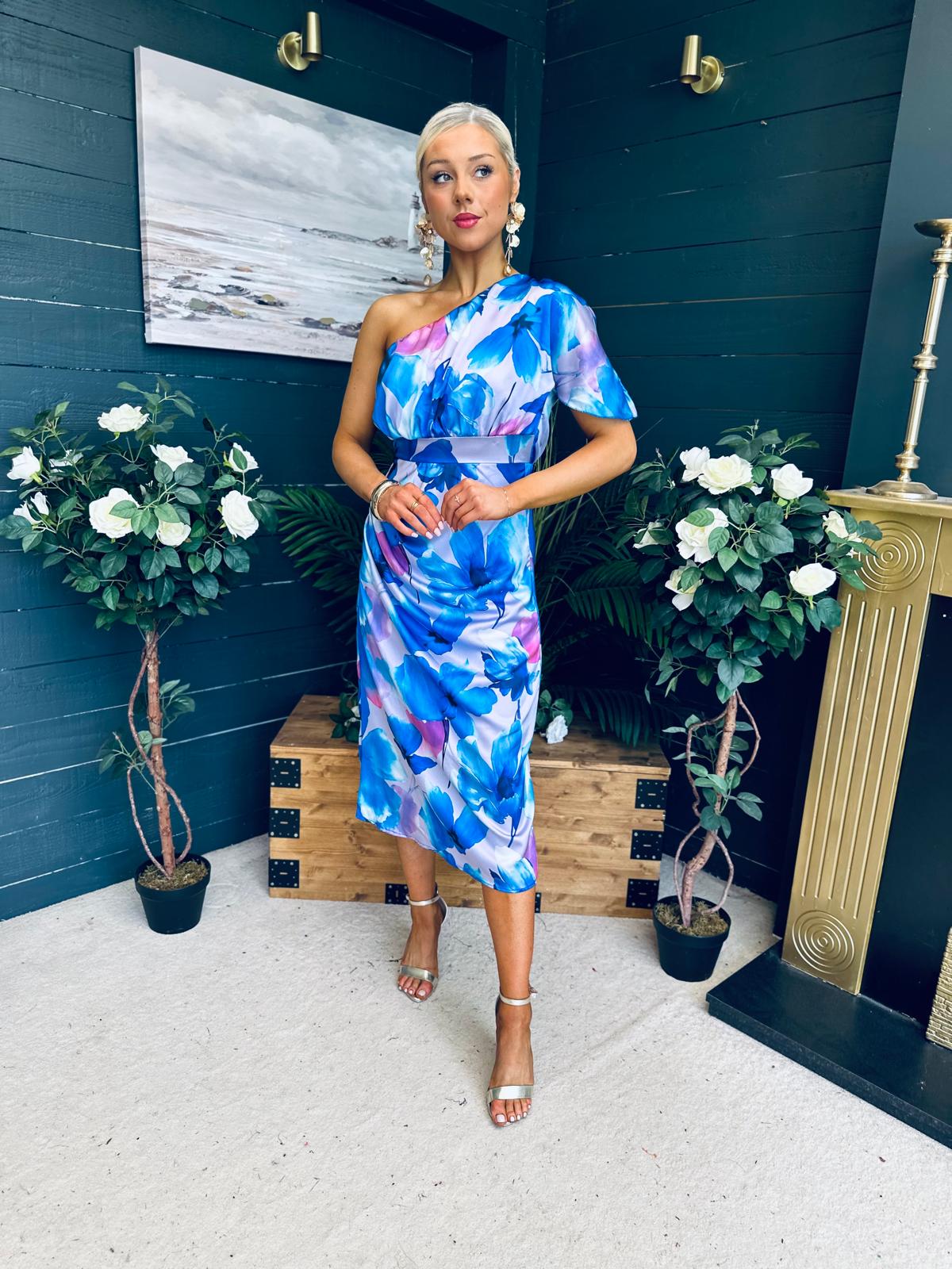 Emer One Shoulder Midi Dress Blue
