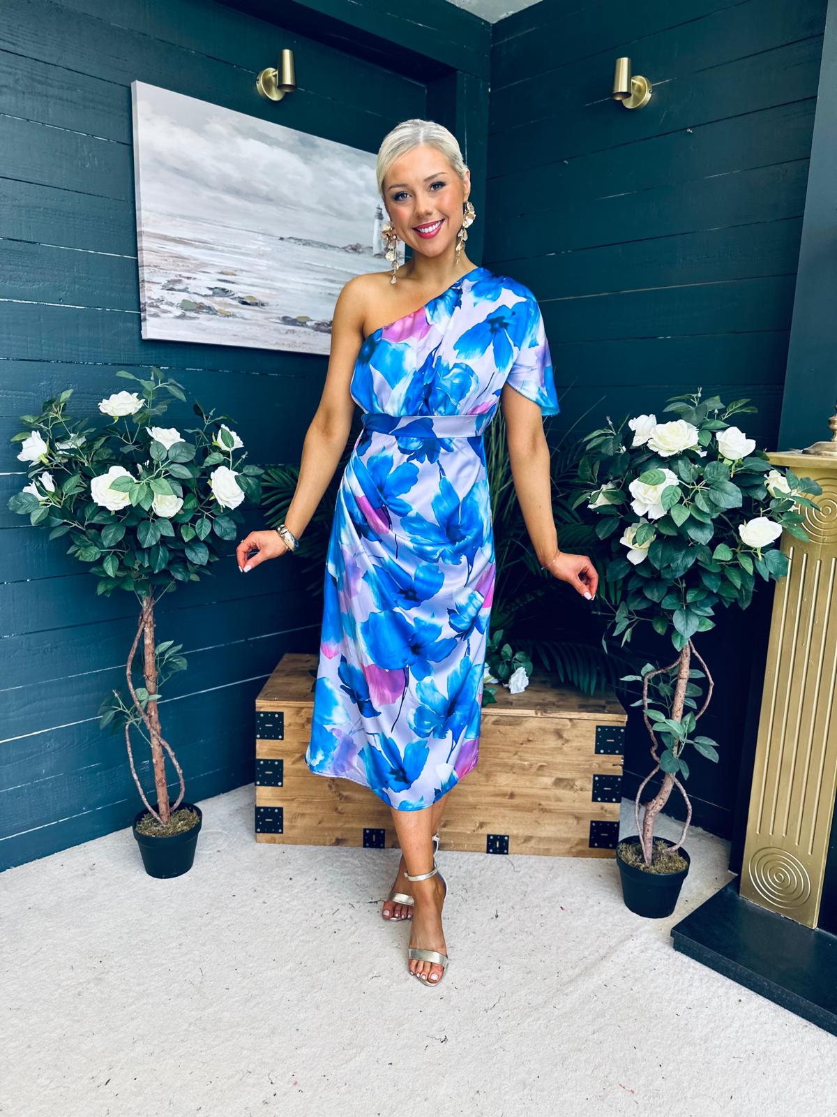 Emer One Shoulder Midi Dress Blue