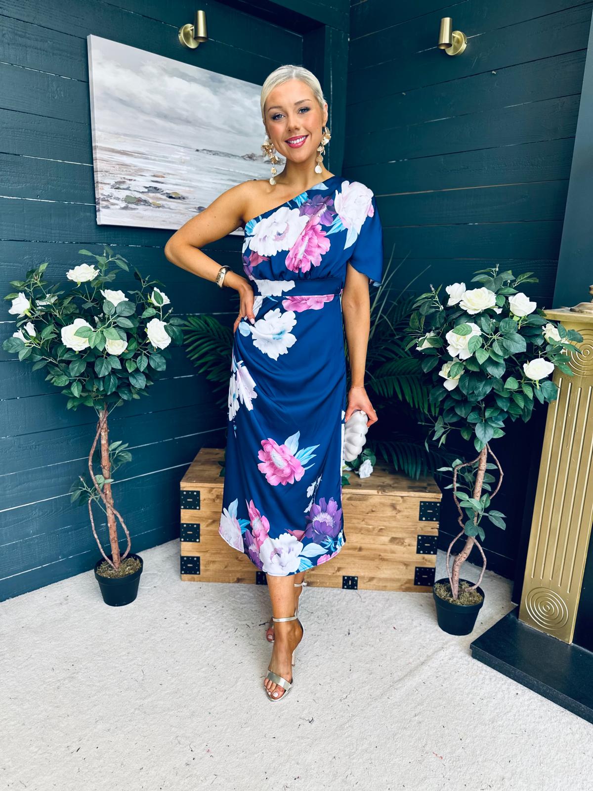 Emer One Shoulder Midi Dress Navy