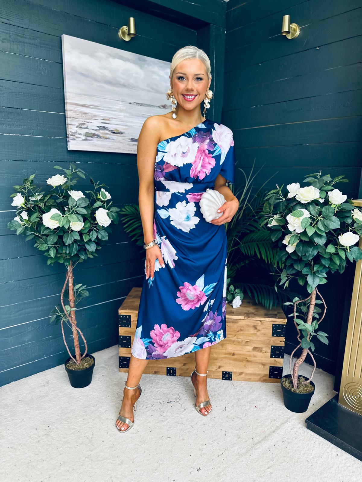 Emer One Shoulder Midi Dress Navy