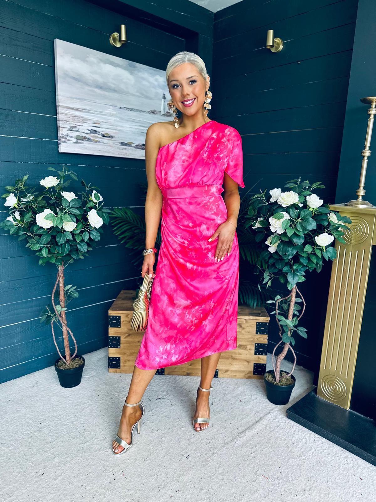 Emer One Shoulder Midi Dress Pink