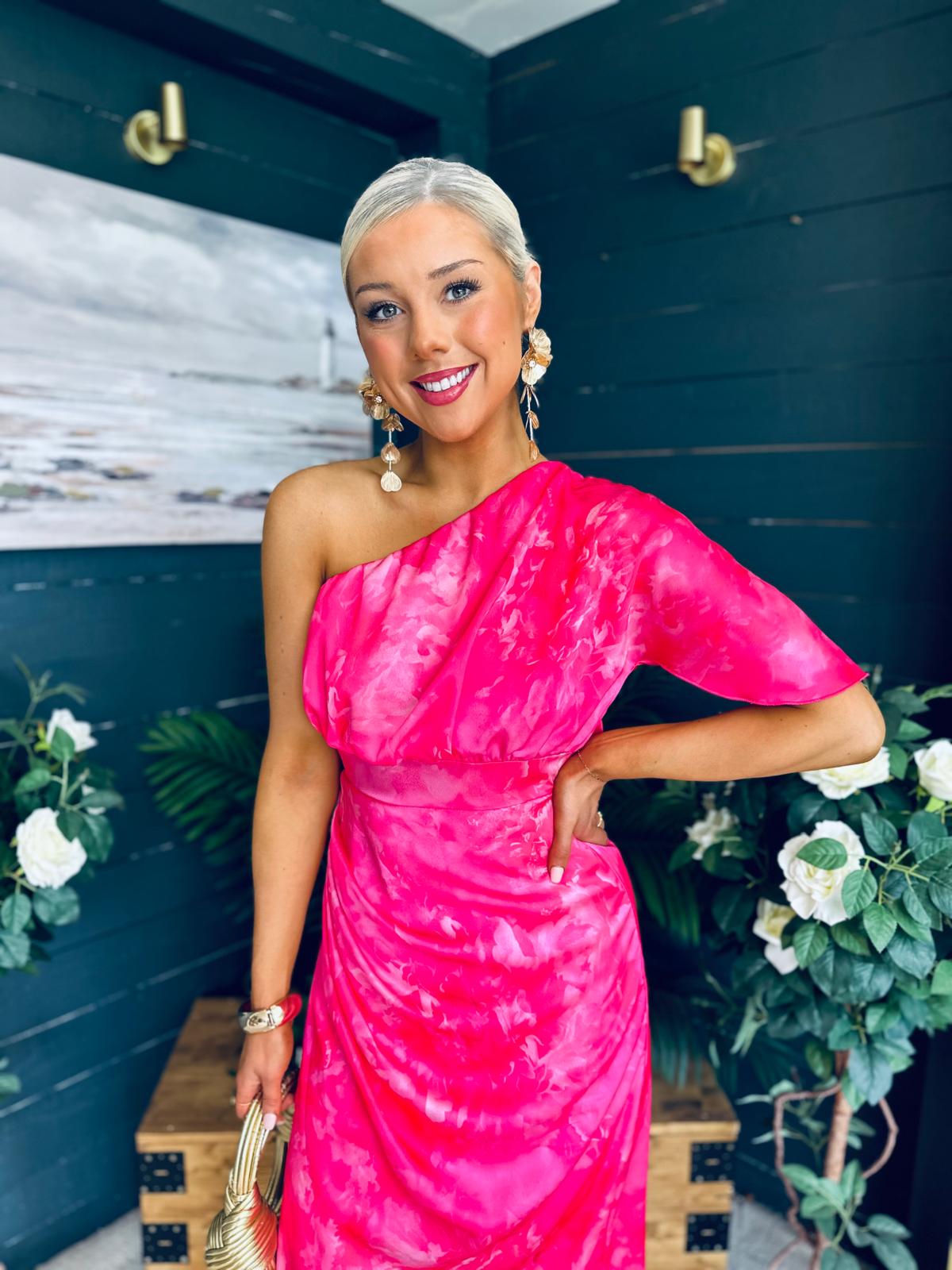 Emer One Shoulder Midi Dress Pink