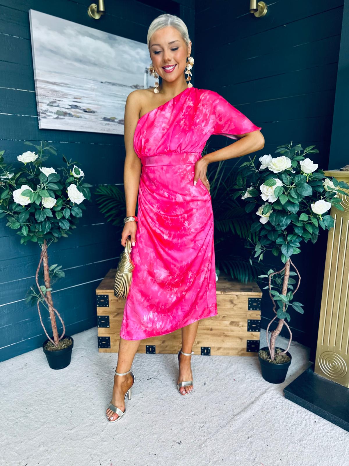 Emer One Shoulder Midi Dress Pink