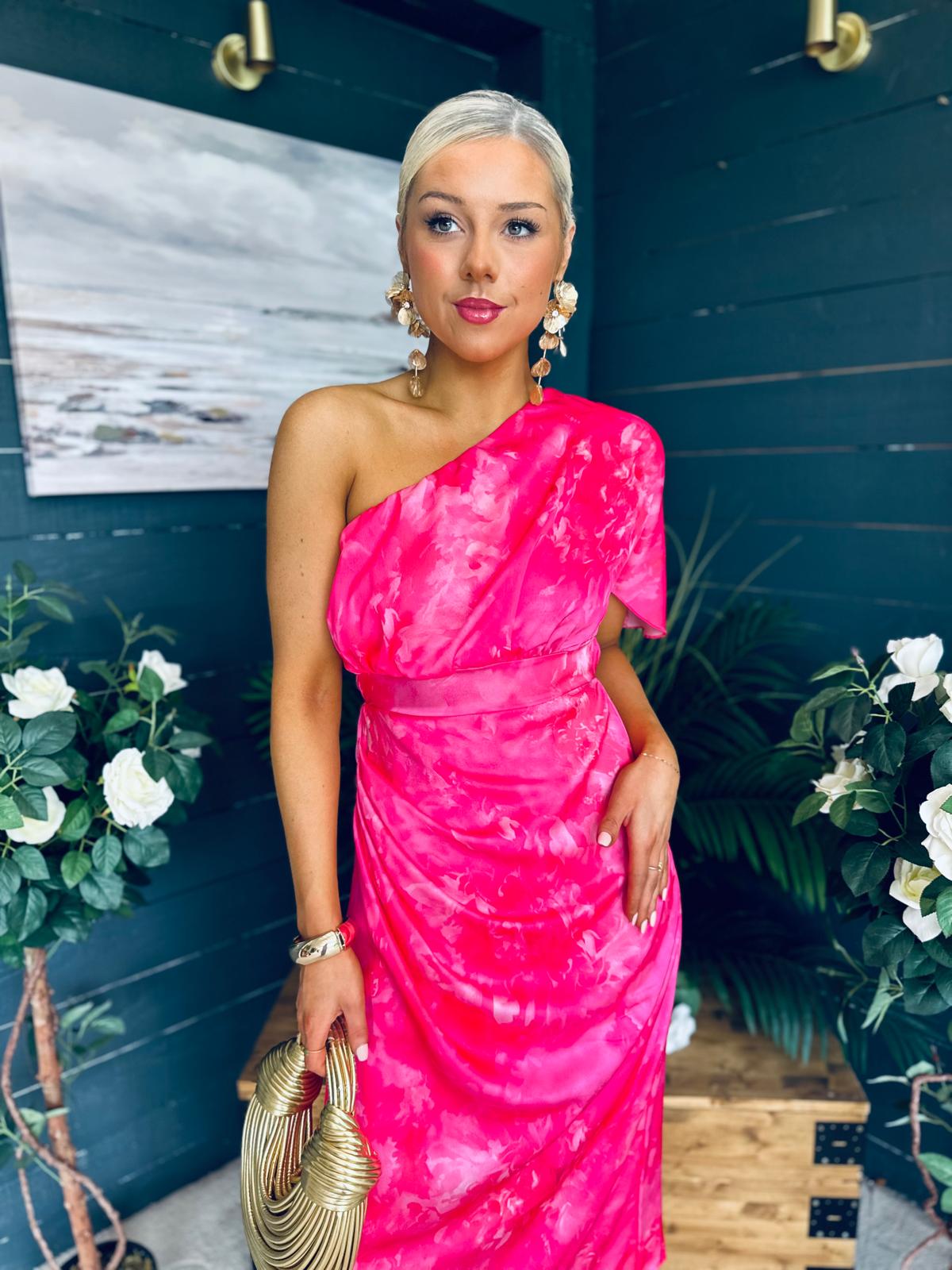 Emer One Shoulder Midi Dress Pink