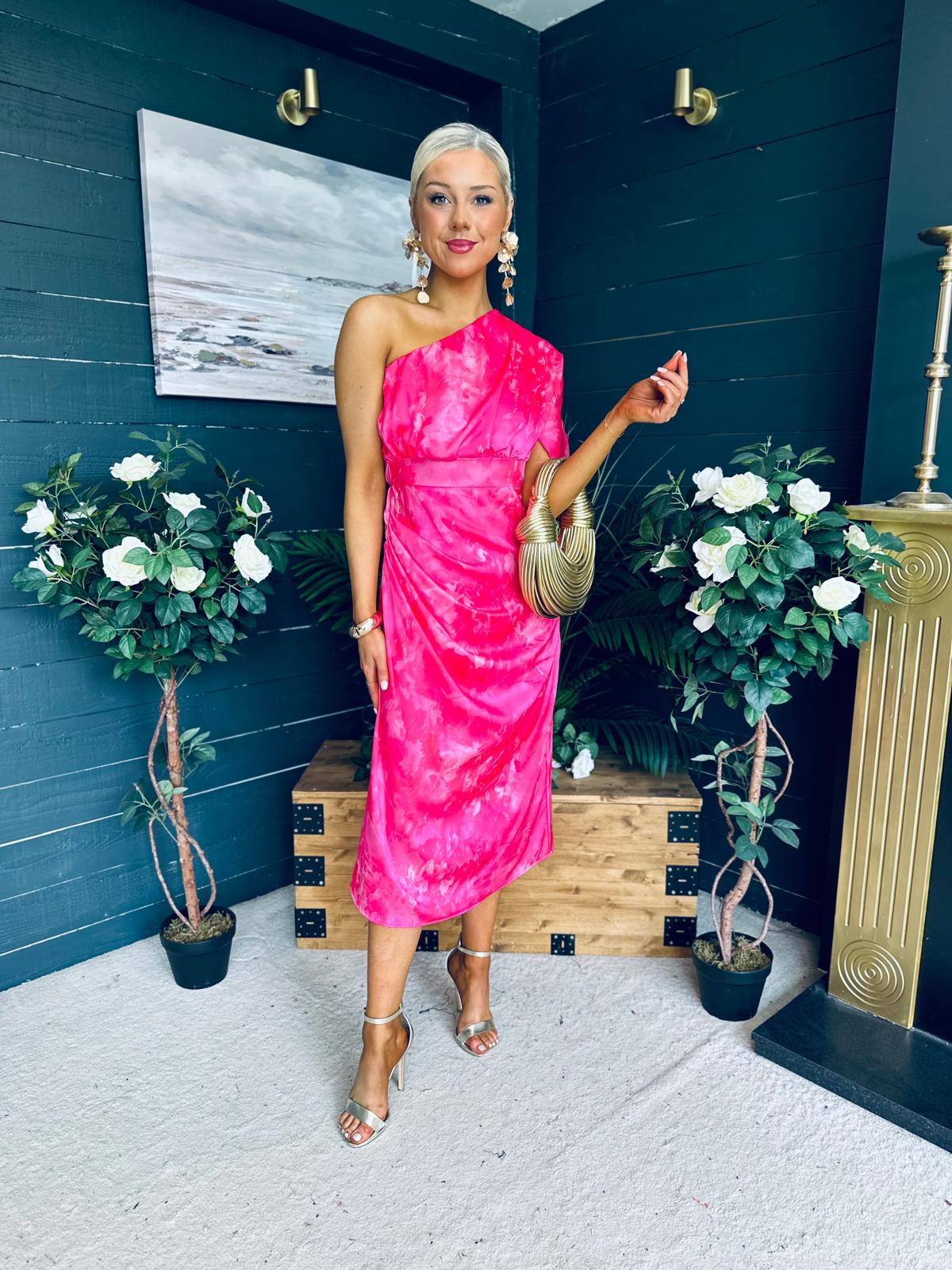 Emer One Shoulder Midi Dress Pink