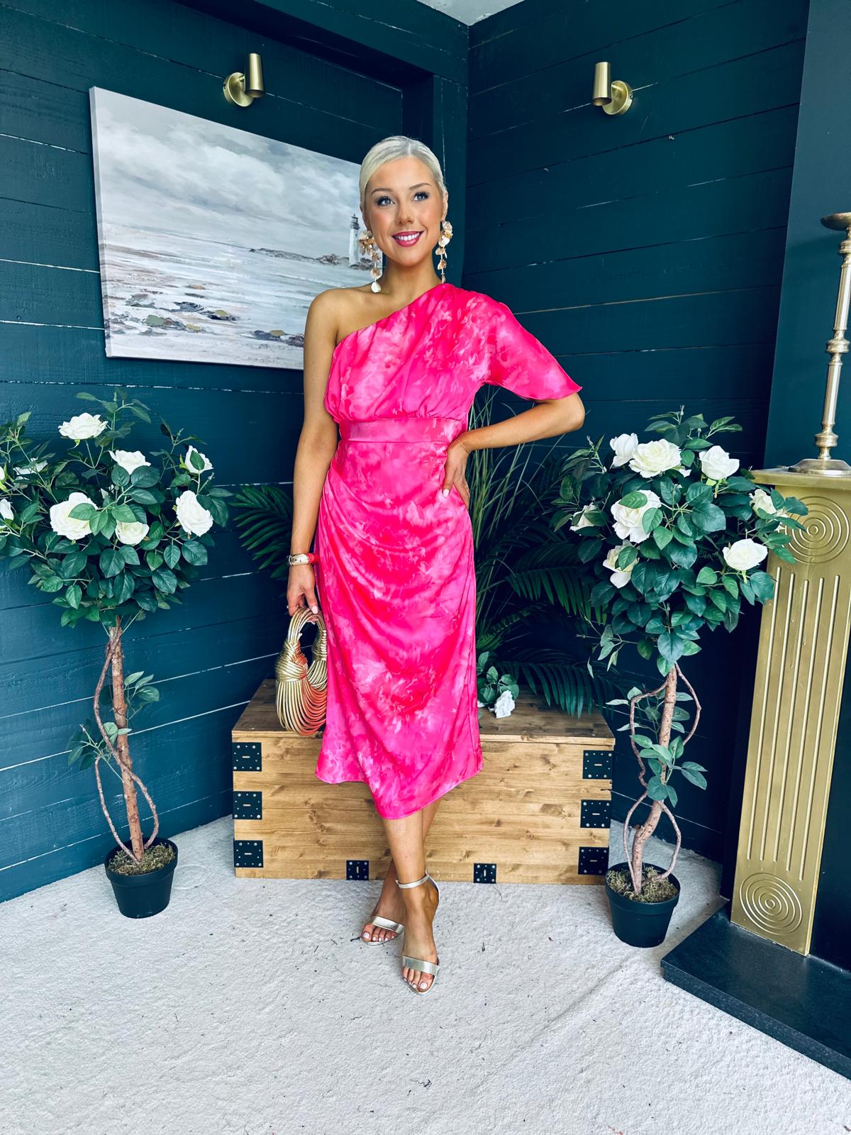 Emer One Shoulder Midi Dress Pink