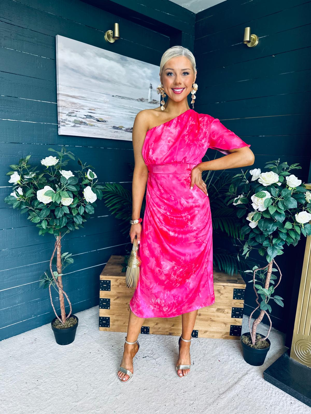 Emer One Shoulder Midi Dress Pink