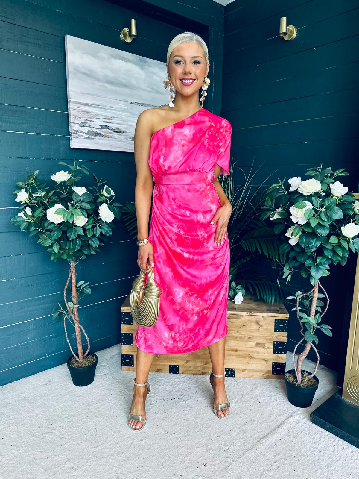 Emer One Shoulder Midi Dress Pink