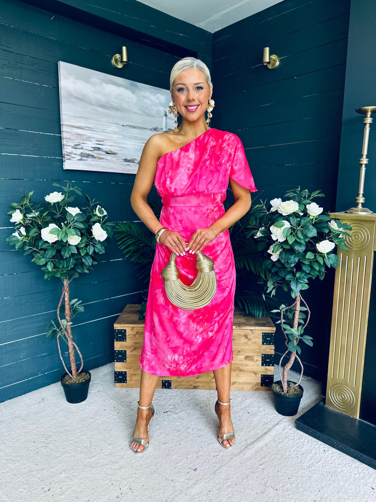 Emer One Shoulder Midi Dress Pink