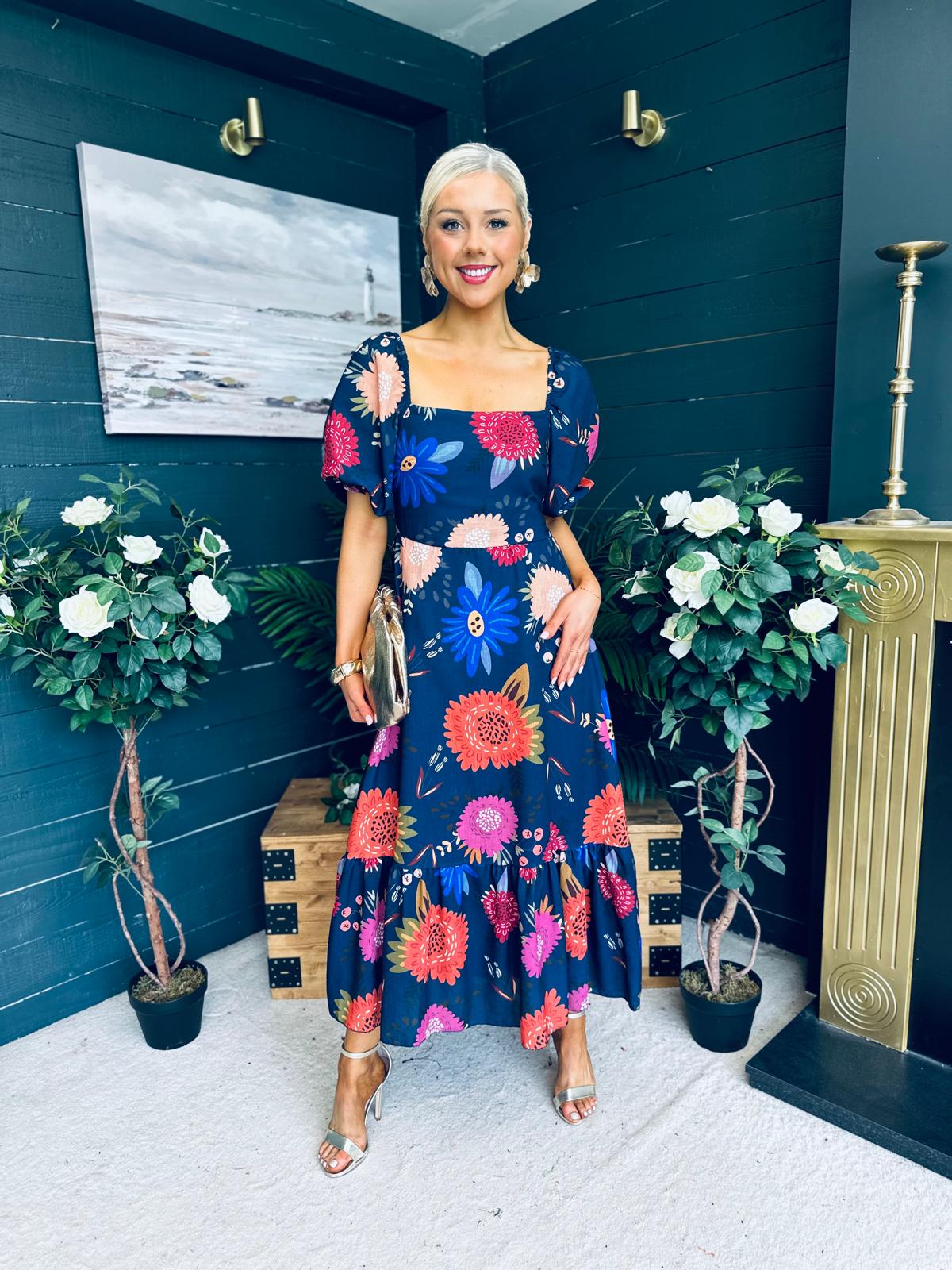 Davina Puff Sleeve Midi Dress Navy