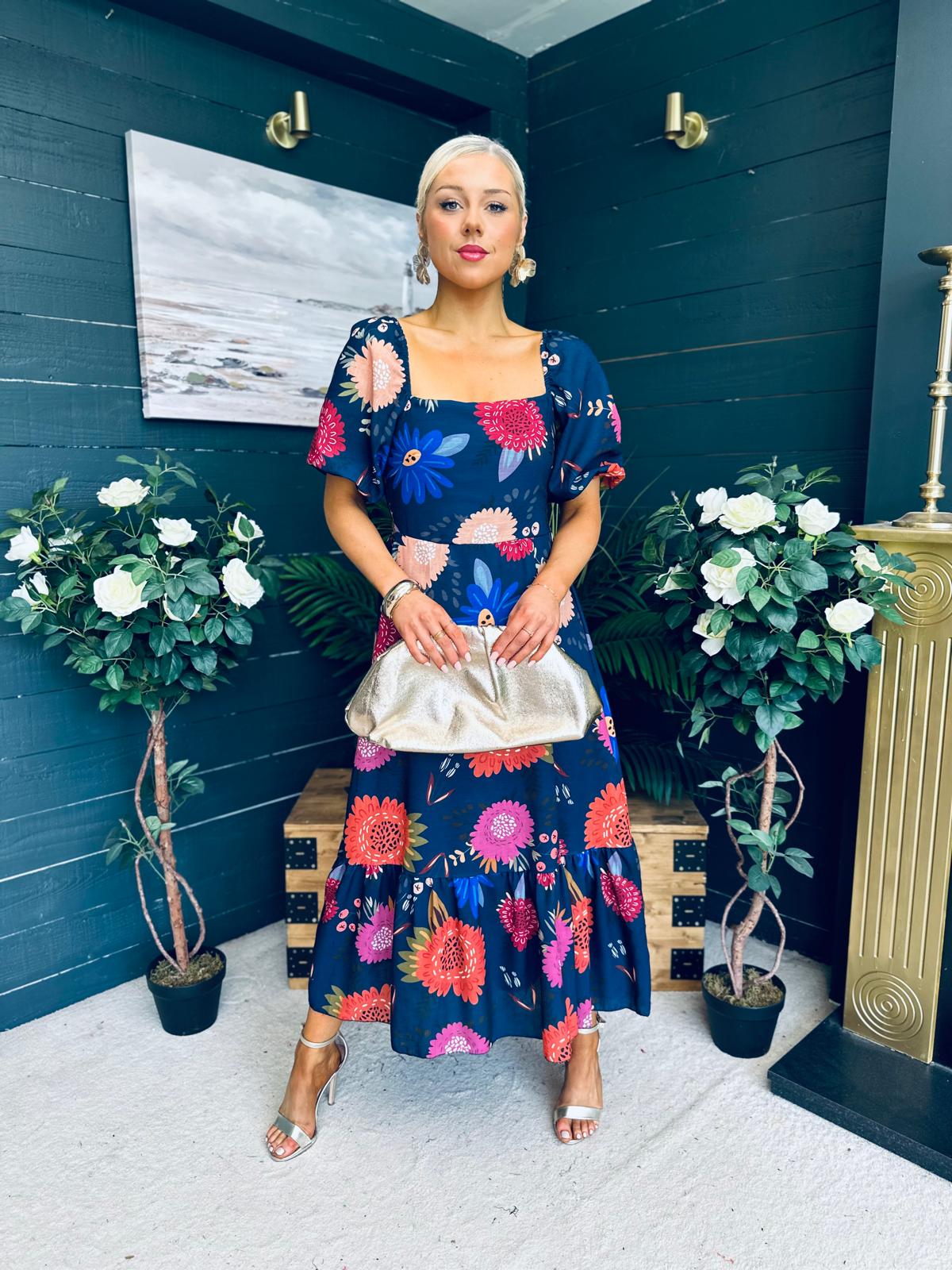 Davina Puff Sleeve Midi Dress Navy