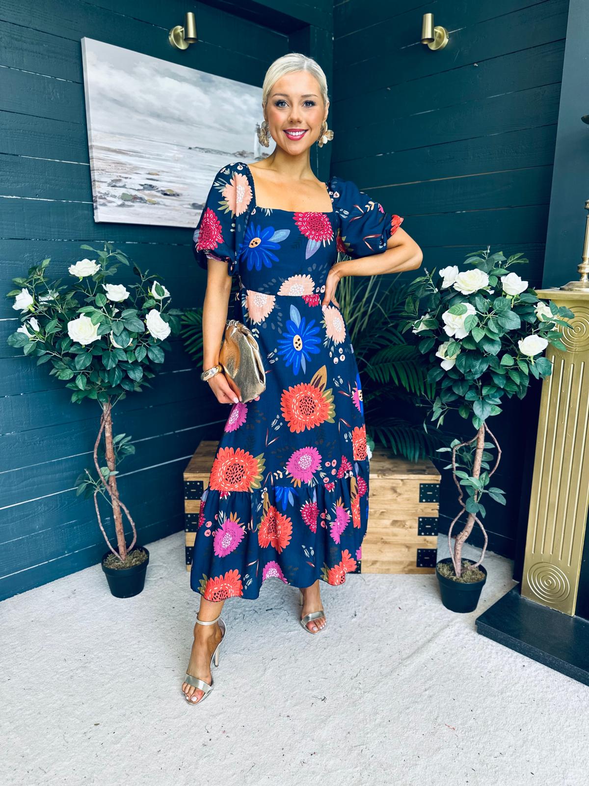 Davina Puff Sleeve Midi Dress Navy