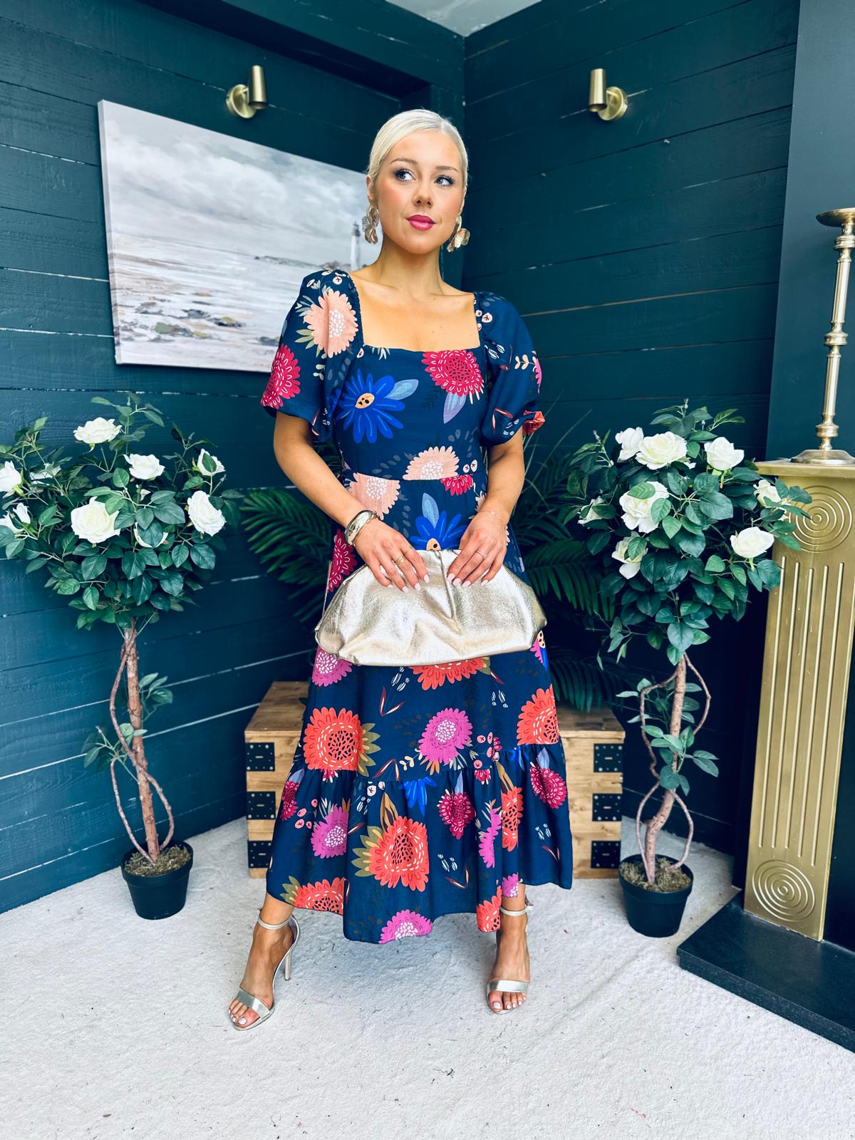 Davina Puff Sleeve Midi Dress Navy