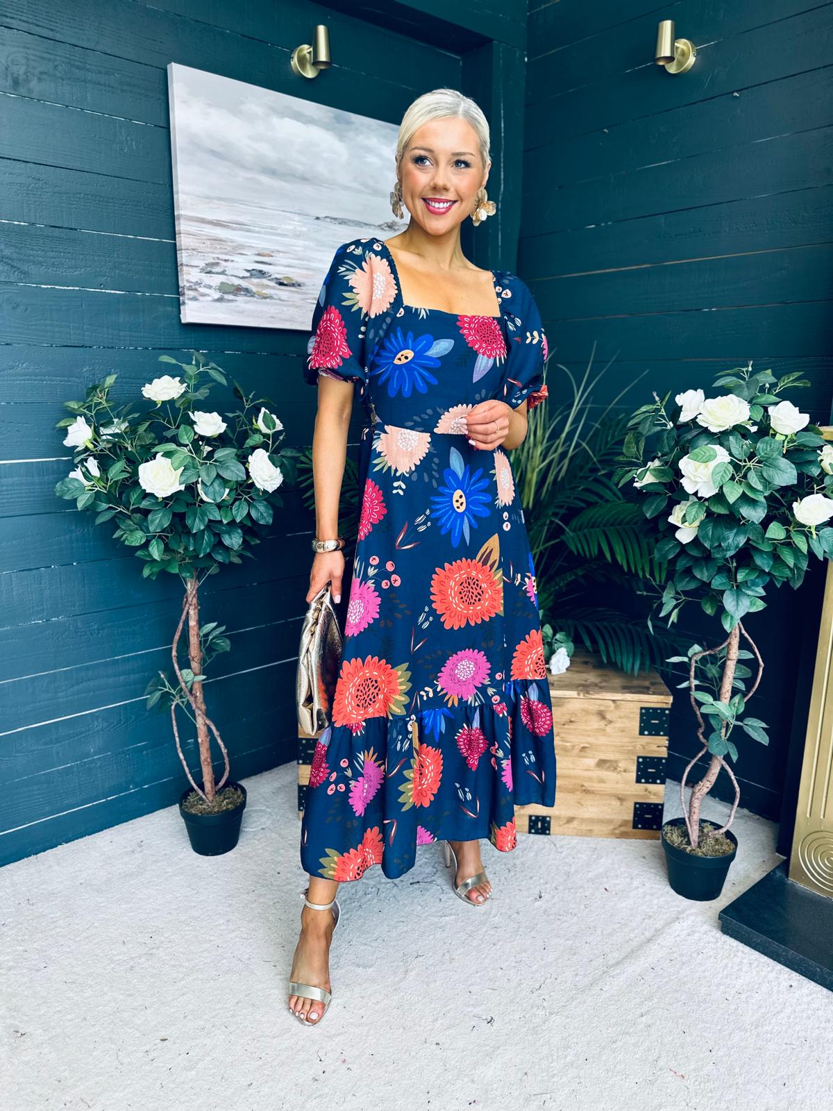 Davina Puff Sleeve Midi Dress Navy
